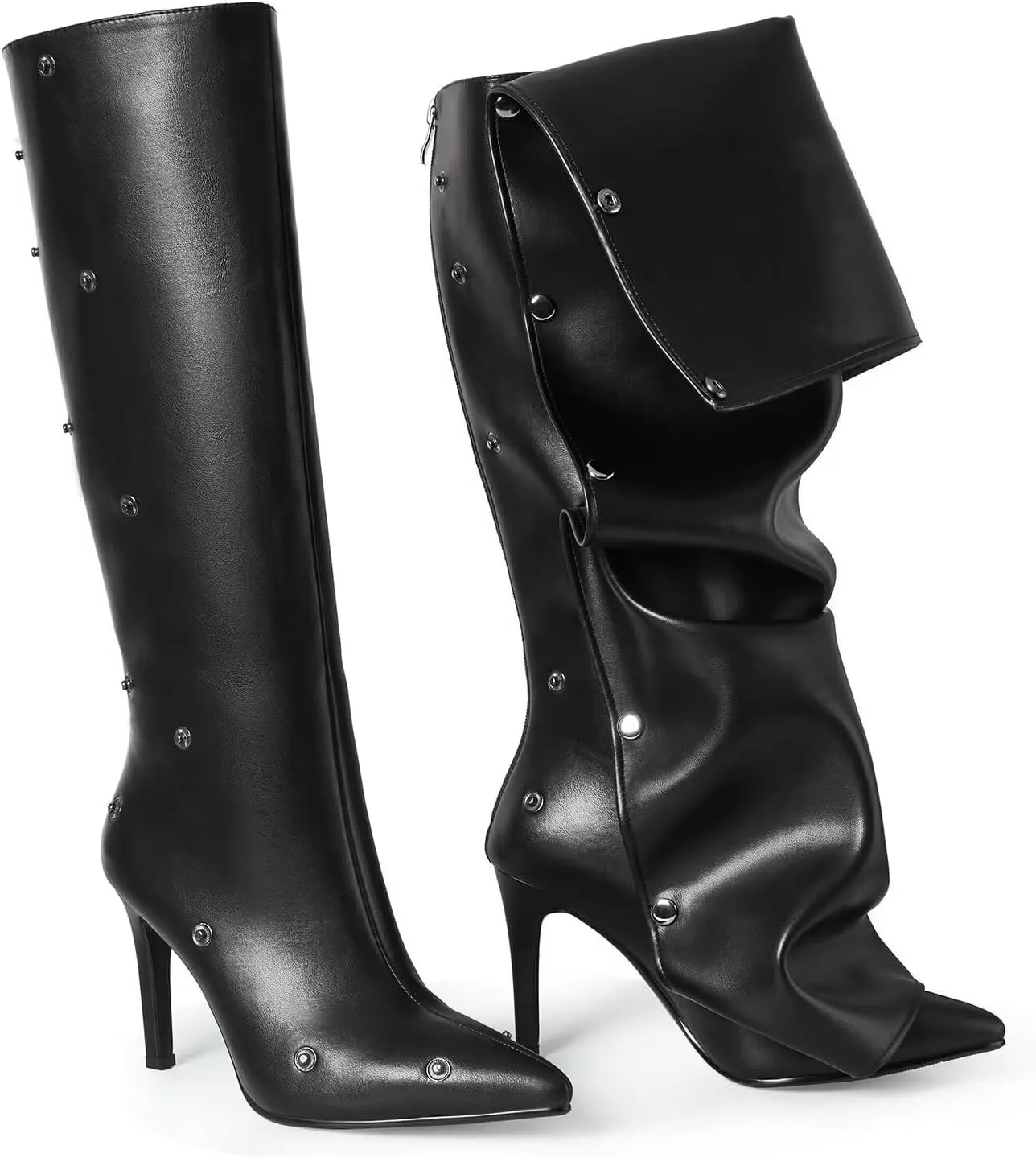 Knee High Boots for Women, Thigh High Boots Stiletto Pointed Toe Slouchy Boot Heel Boots Fold over Shark boot
