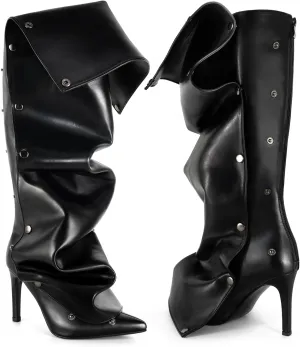 Knee High Boots for Women, Thigh High Boots Stiletto Pointed Toe Slouchy Boot Heel Boots Fold over Shark boot