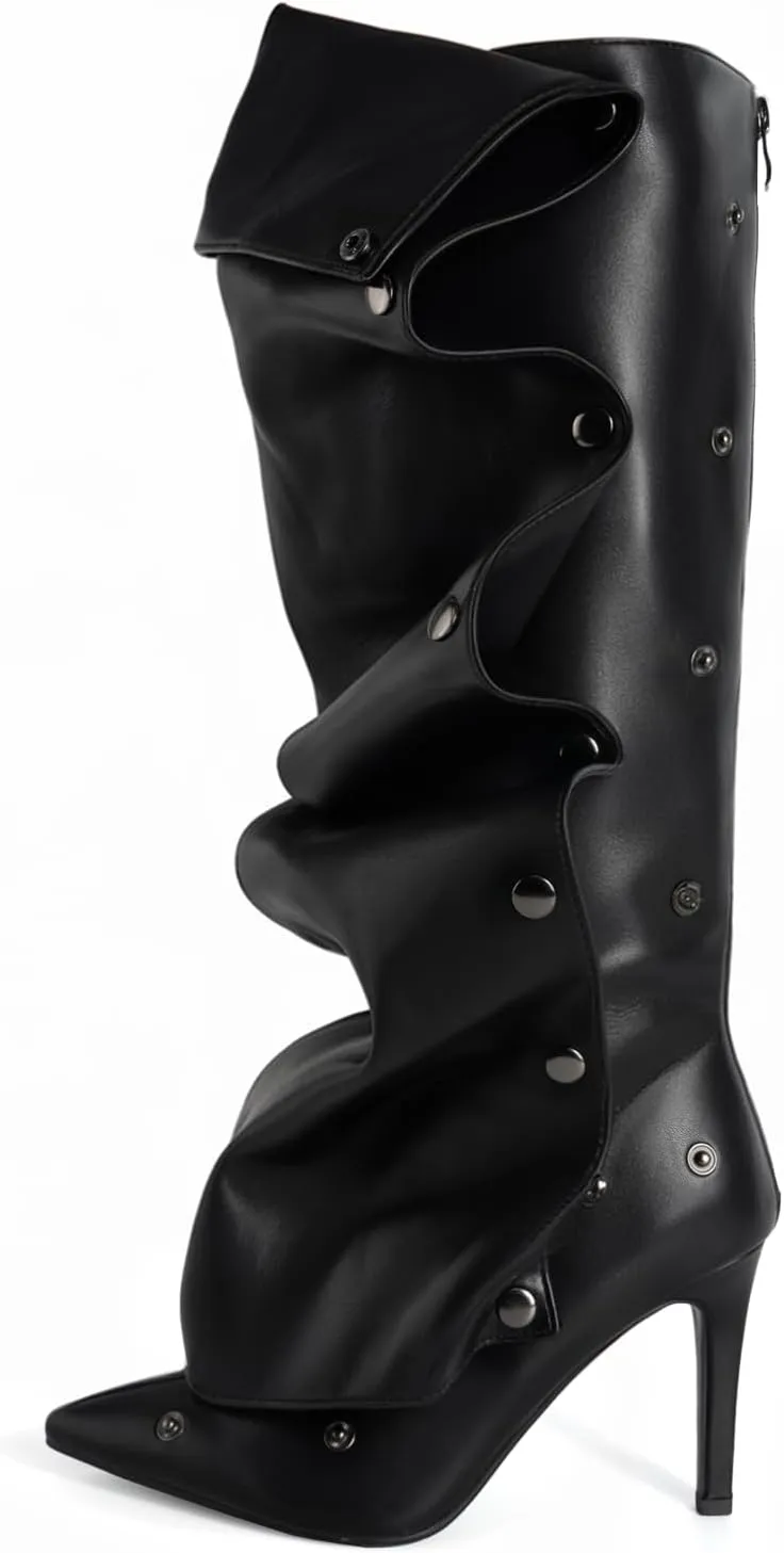 Knee High Boots for Women, Thigh High Boots Stiletto Pointed Toe Slouchy Boot Heel Boots Fold over Shark boot