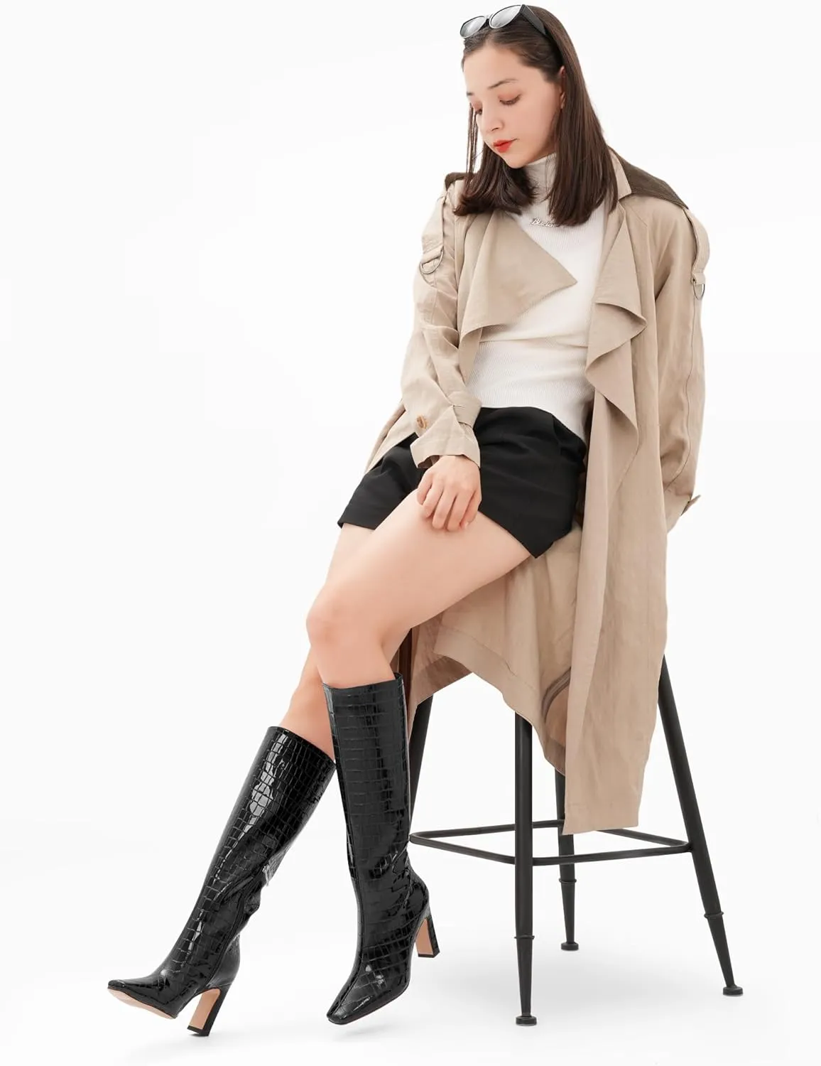 Knee High Boots Women Black Long Boots Slip on Tall Boots Chunky High Heel Square Toe Crocodile Pattern Leather Boots with Side Zipper for Ladies Sexy