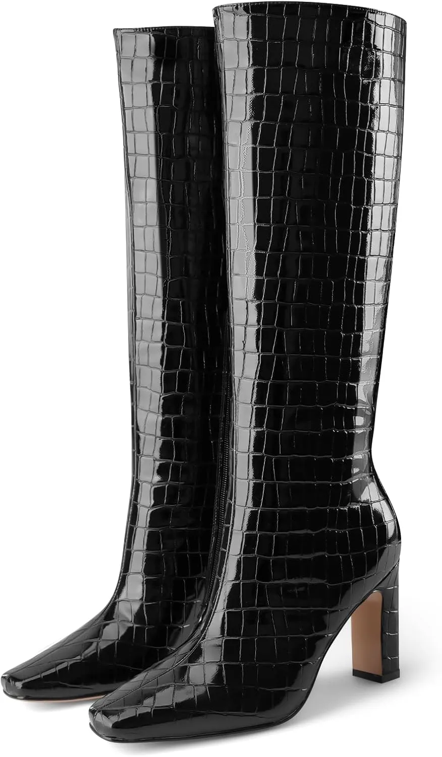Knee High Boots Women Black Long Boots Slip on Tall Boots Chunky High Heel Square Toe Crocodile Pattern Leather Boots with Side Zipper for Ladies Sexy
