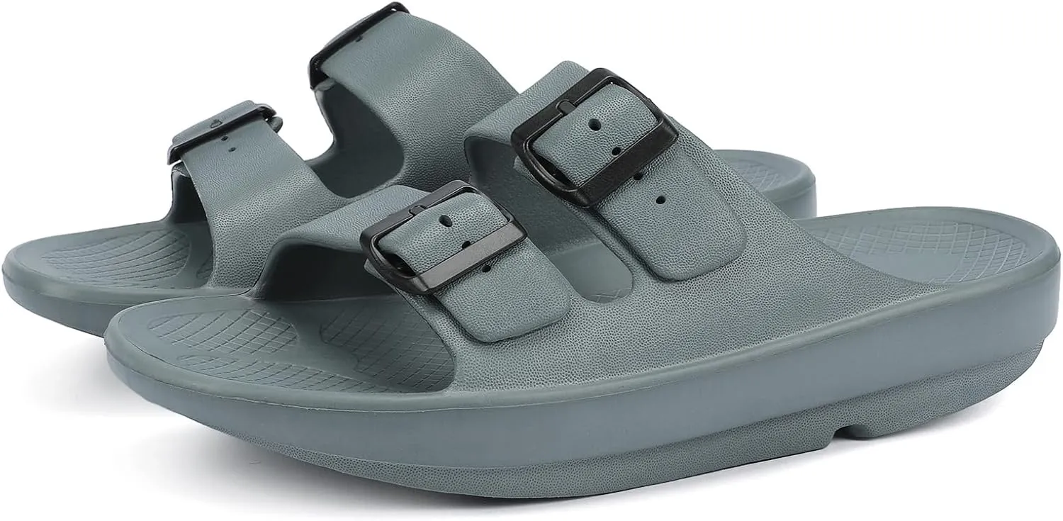 Kricely Women and Men Wide Width Recovery Sandals Plantar Fasciitis Arch Support Orthotic Slides Adjustable Double Buckle Thick Sole Slippers Reduces Stress on Feet Joints & Back Post-Exercise