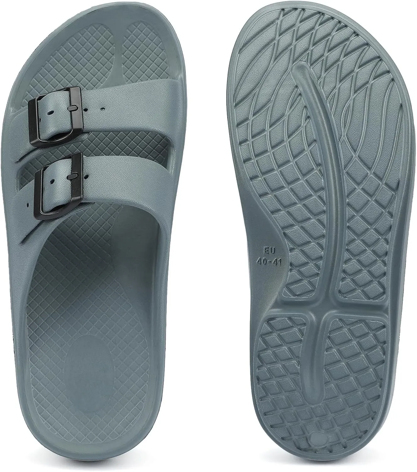 Kricely Women and Men Wide Width Recovery Sandals Plantar Fasciitis Arch Support Orthotic Slides Adjustable Double Buckle Thick Sole Slippers Reduces Stress on Feet Joints & Back Post-Exercise