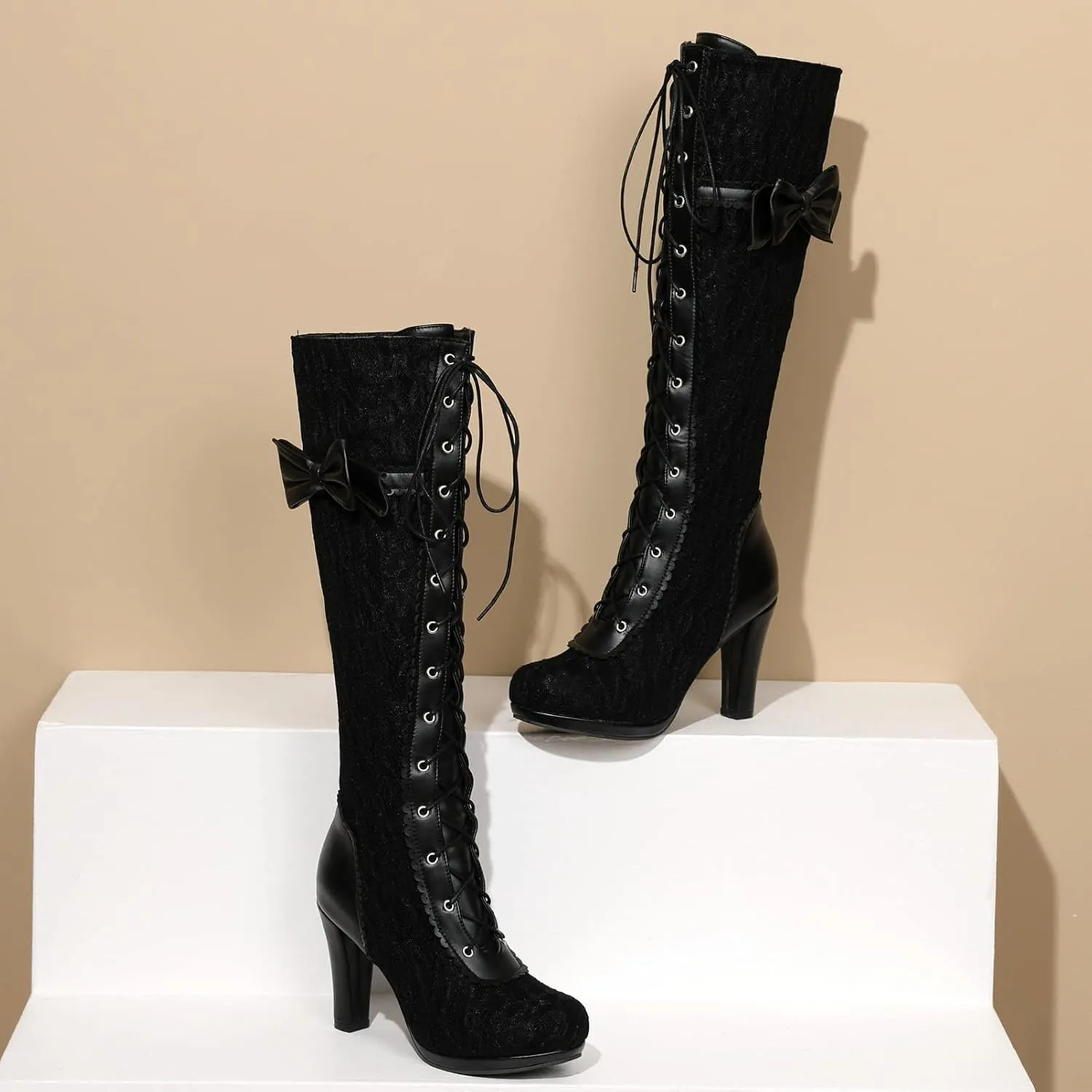 KysBloes Women Lace Goth Knee High Boots Buckle Block Heel Lace Up Knee Length Boots Punk Platform Tall Boots