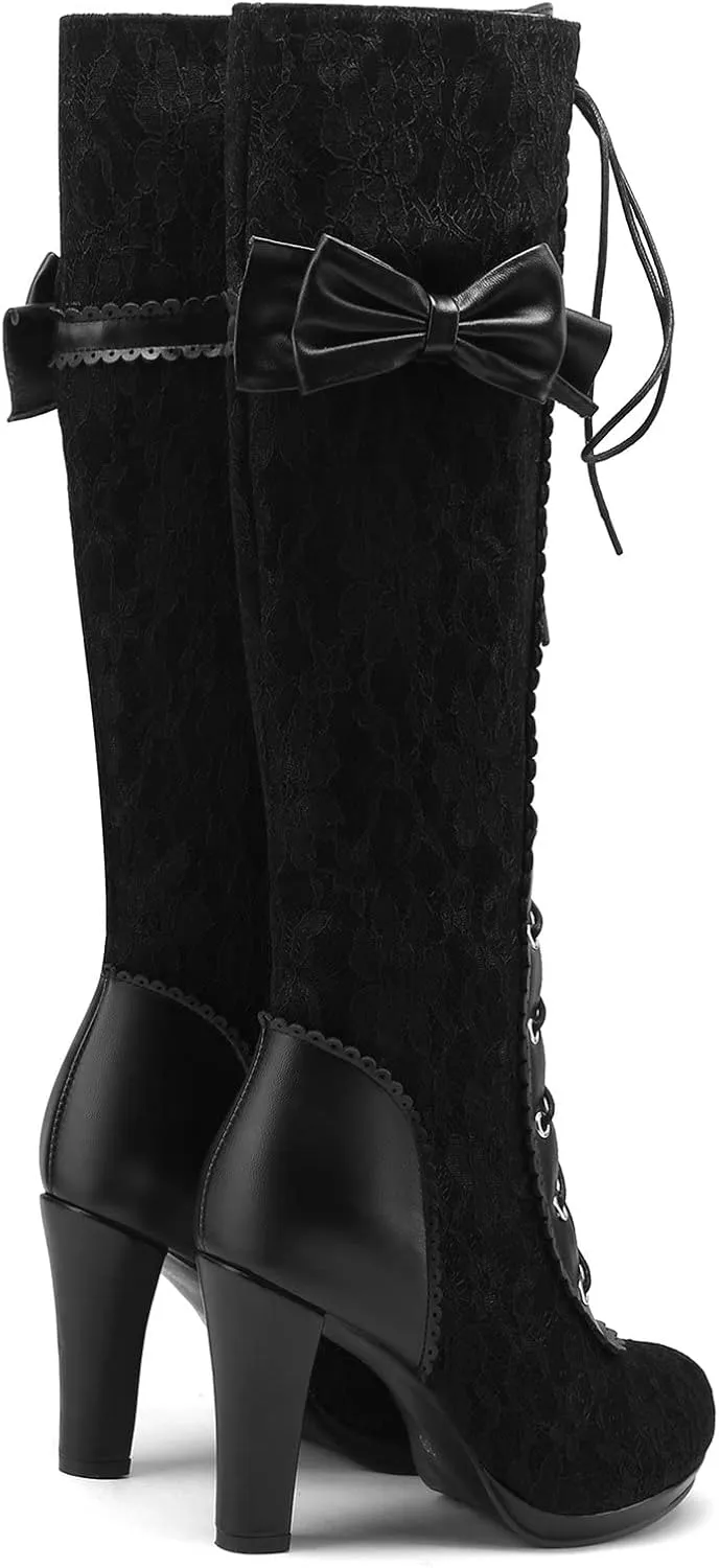 KysBloes Women Lace Goth Knee High Boots Buckle Block Heel Lace Up Knee Length Boots Punk Platform Tall Boots