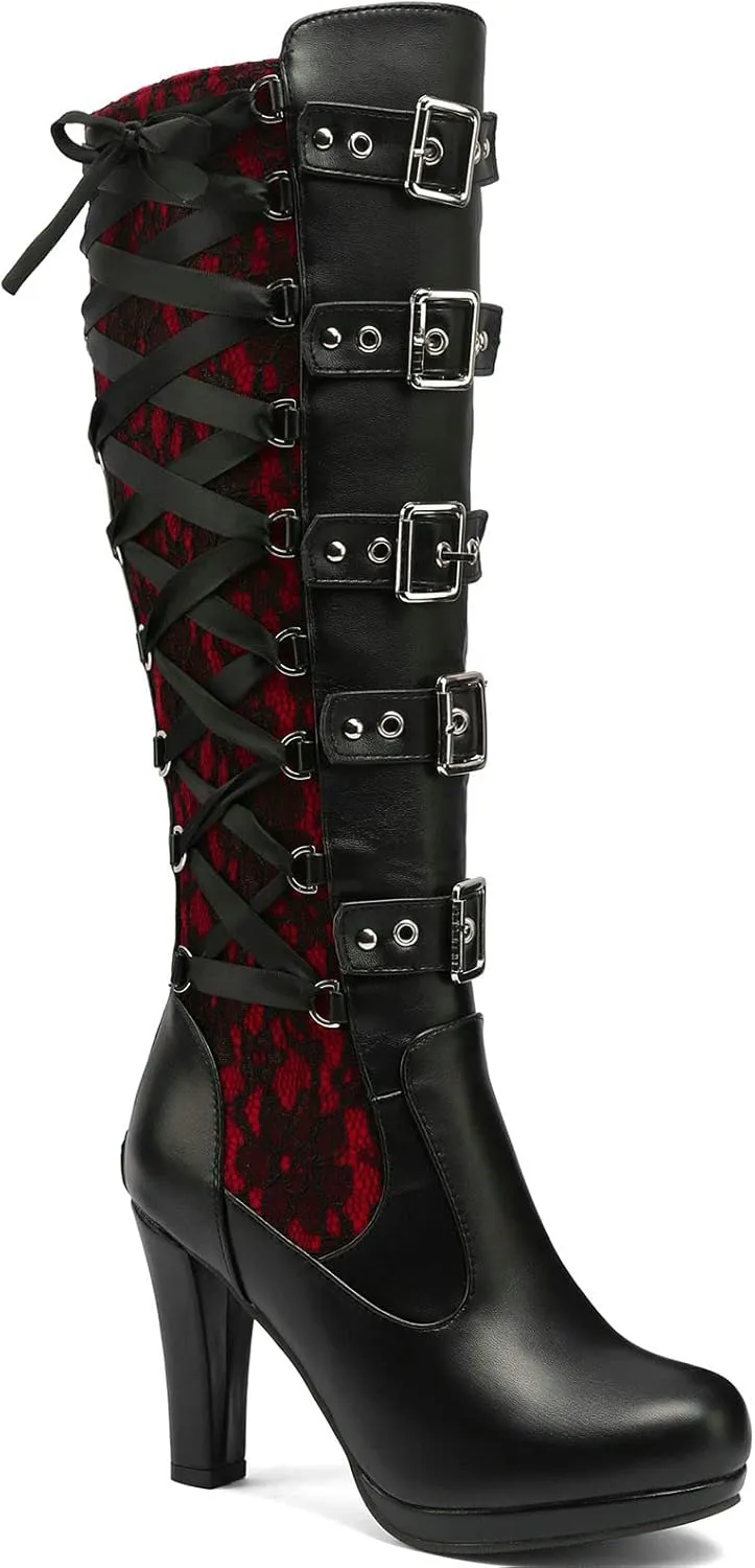 KysBloes Women Lace Goth Knee High Boots Buckle Block Heel Lace Up Knee Length Boots Punk Platform Tall Boots
