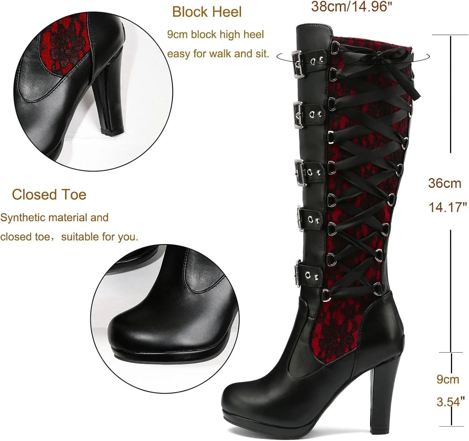 KysBloes Women Lace Goth Knee High Boots Buckle Block Heel Lace Up Knee Length Boots Punk Platform Tall Boots