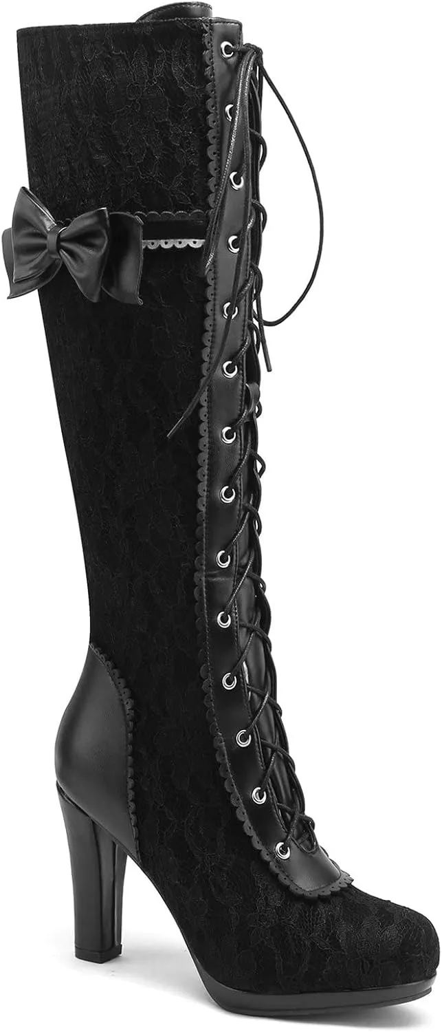 KysBloes Women Lace Goth Knee High Boots Buckle Block Heel Lace Up Knee Length Boots Punk Platform Tall Boots