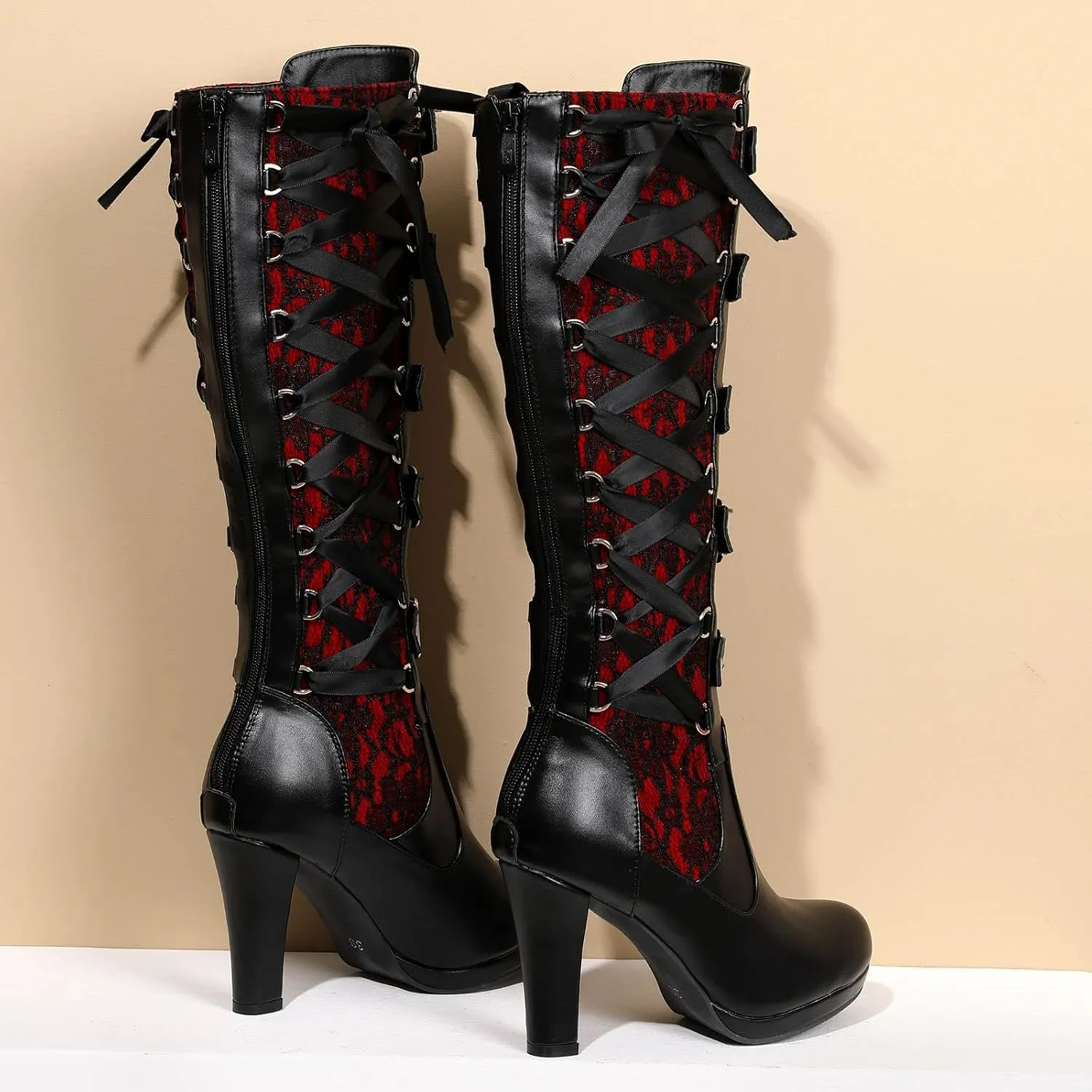 KysBloes Women Lace Goth Knee High Boots Buckle Block Heel Lace Up Knee Length Boots Punk Platform Tall Boots