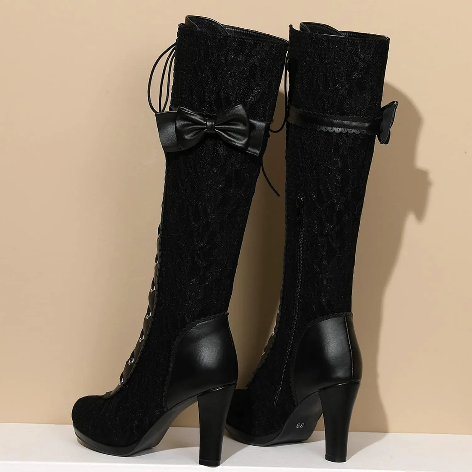 KysBloes Women Lace Goth Knee High Boots Buckle Block Heel Lace Up Knee Length Boots Punk Platform Tall Boots