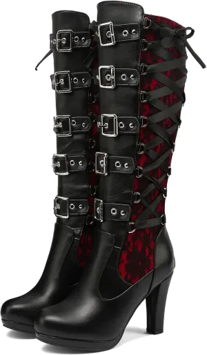 KysBloes Women Lace Goth Knee High Boots Buckle Block Heel Lace Up Knee Length Boots Punk Platform Tall Boots