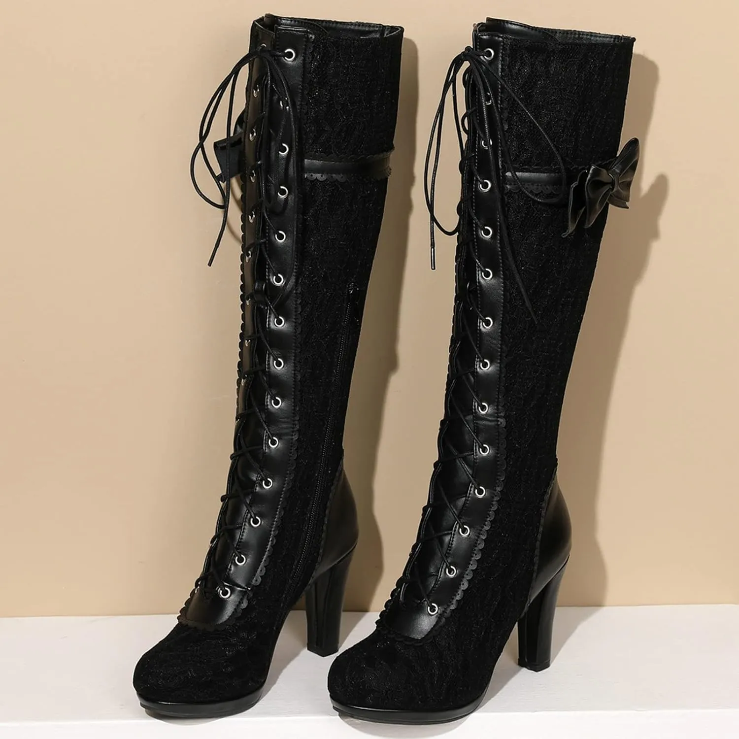 KysBloes Women Lace Goth Knee High Boots Buckle Block Heel Lace Up Knee Length Boots Punk Platform Tall Boots