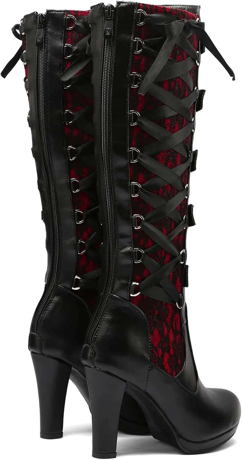 KysBloes Women Lace Goth Knee High Boots Buckle Block Heel Lace Up Knee Length Boots Punk Platform Tall Boots
