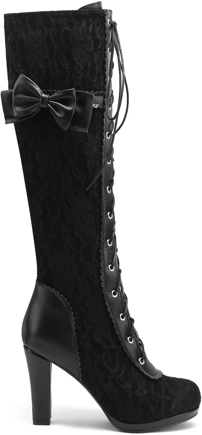 KysBloes Women Lace Goth Knee High Boots Buckle Block Heel Lace Up Knee Length Boots Punk Platform Tall Boots
