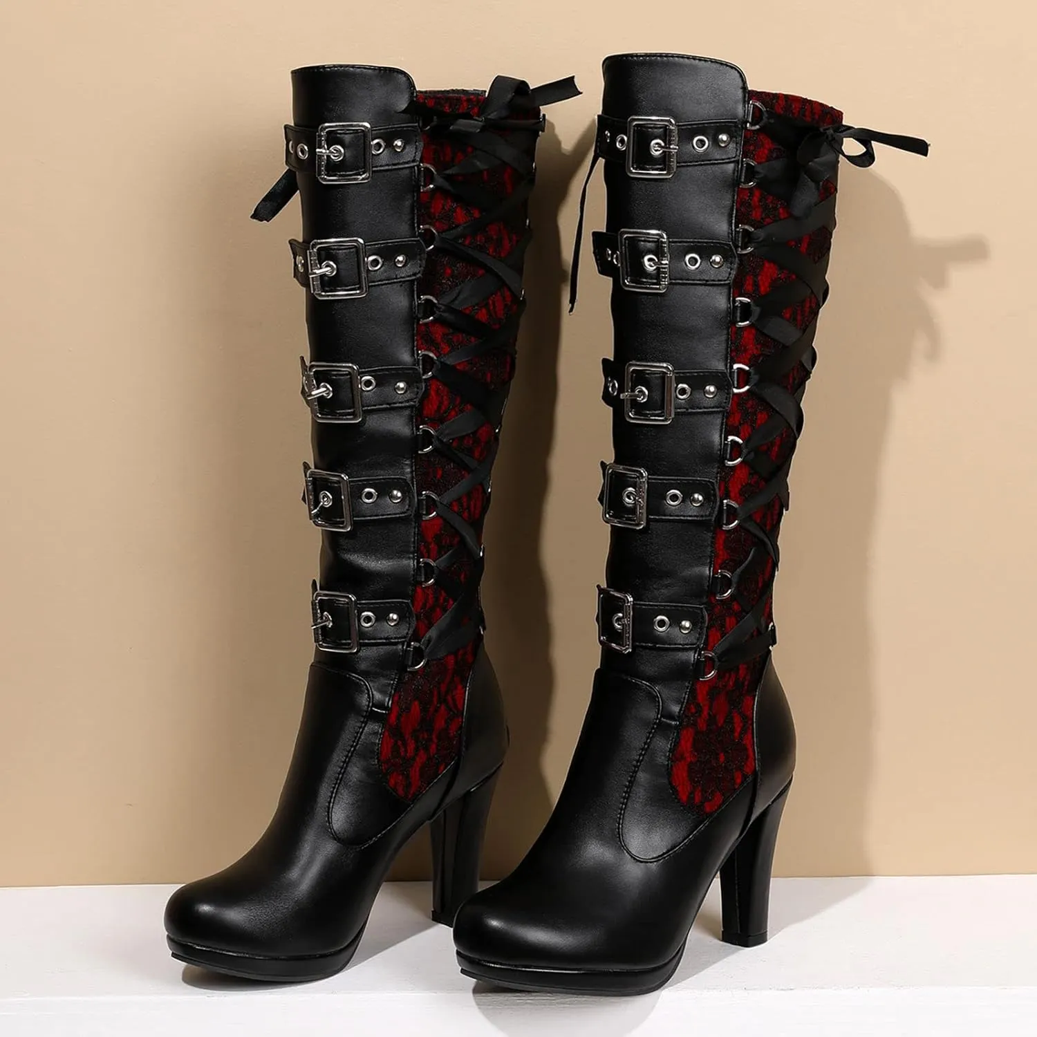 KysBloes Women Lace Goth Knee High Boots Buckle Block Heel Lace Up Knee Length Boots Punk Platform Tall Boots