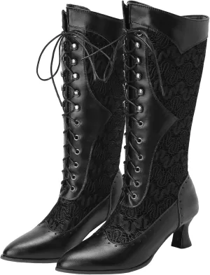 KysBloes Women Victorian Lace Up Boots Kitten Heel Knee High Boots Goth Witch Shoes Pointed Toe Vintage 70s Boots with Lace