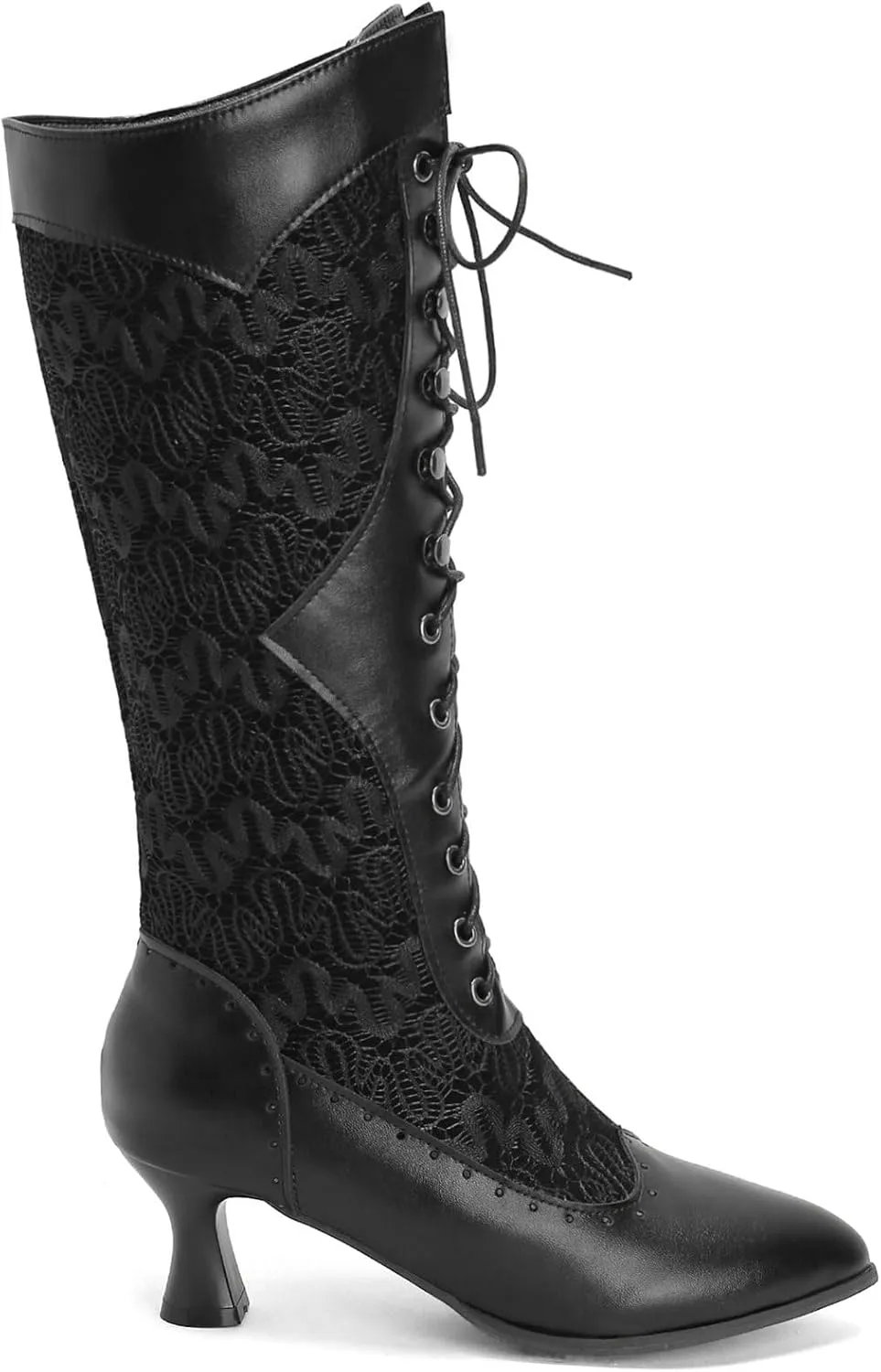 KysBloes Women Victorian Lace Up Boots Kitten Heel Knee High Boots Goth Witch Shoes Pointed Toe Vintage 70s Boots with Lace