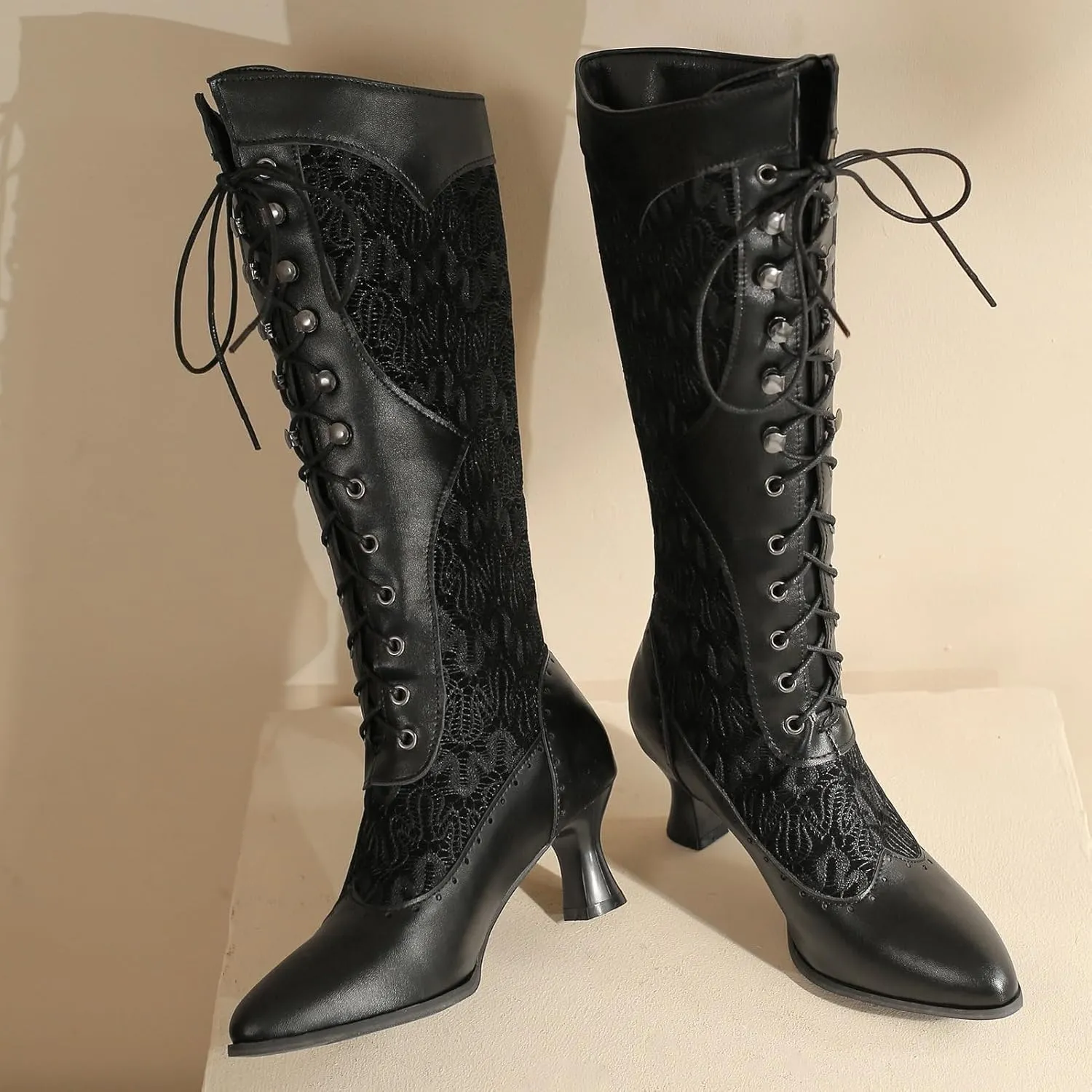 KysBloes Women Victorian Lace Up Boots Kitten Heel Knee High Boots Goth Witch Shoes Pointed Toe Vintage 70s Boots with Lace