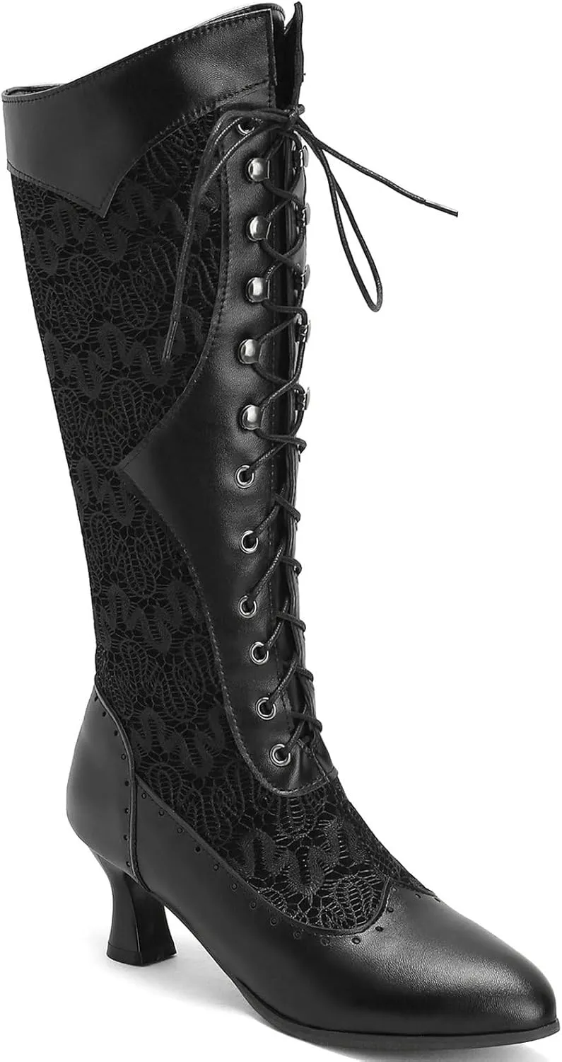 KysBloes Women Victorian Lace Up Boots Kitten Heel Knee High Boots Goth Witch Shoes Pointed Toe Vintage 70s Boots with Lace