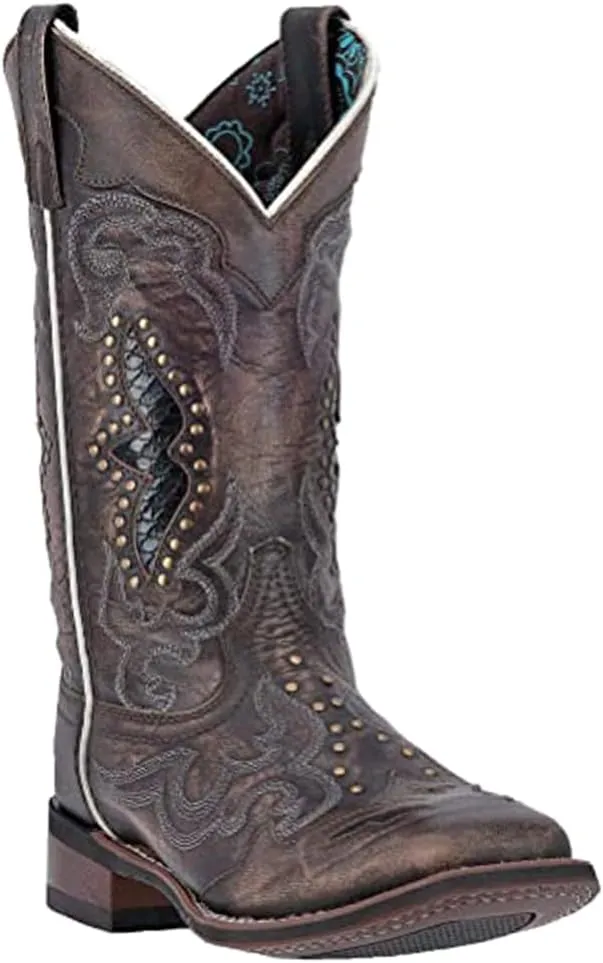Laredo Womens Spellbound Studded Tooled Inlay Embroidered Square Toe Dress Boots Mid Calf Low Heel 1-2" - Black