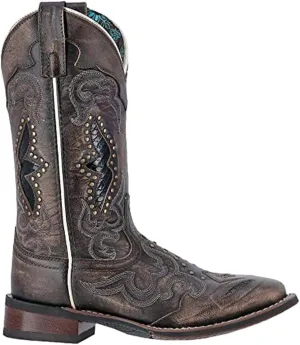 Laredo Womens Spellbound Studded Tooled Inlay Embroidered Square Toe Dress Boots Mid Calf Low Heel 1-2" - Black