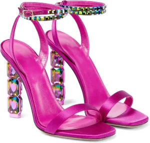 LauraVicci Women Heeled Sandals Ankle Straps Rhinestone Crystal Chunky Block Open Toe Slip on Wedding Slip on Wedding Party Evening Dress Shoes