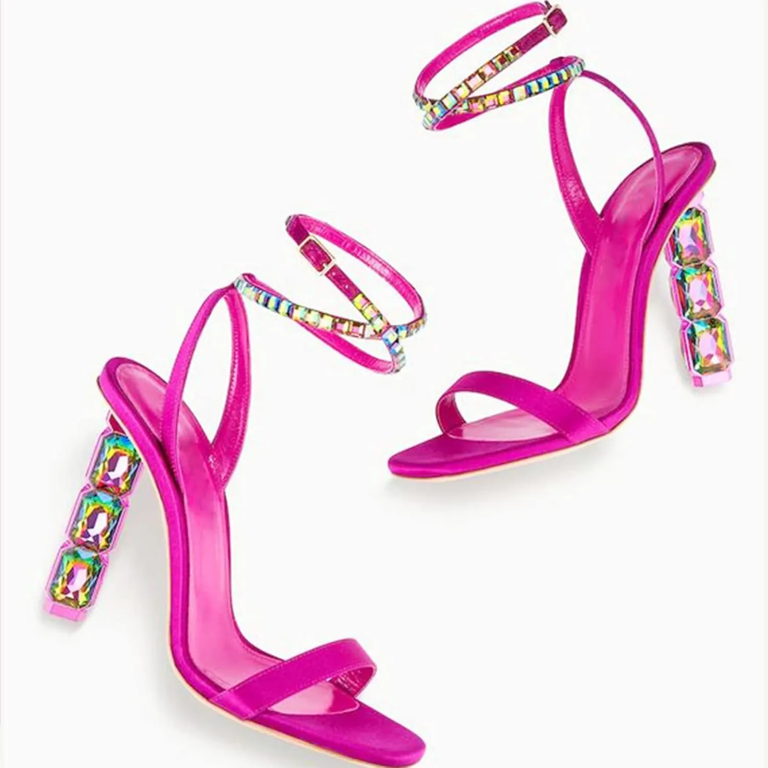 LauraVicci Women Heeled Sandals Ankle Straps Rhinestone Crystal Chunky Block Open Toe Slip on Wedding Slip on Wedding Party Evening Dress Shoes