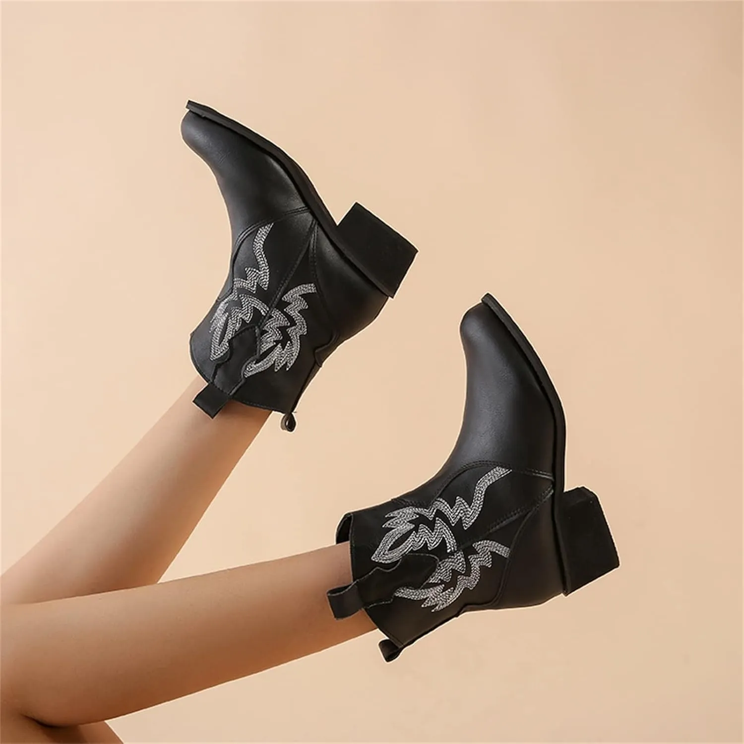 Lausiuoe Boots For Women Cowboy Style Wide Calf Cowgirl Western Embroidery Low Heel Knee High Fashion Chunky Boots