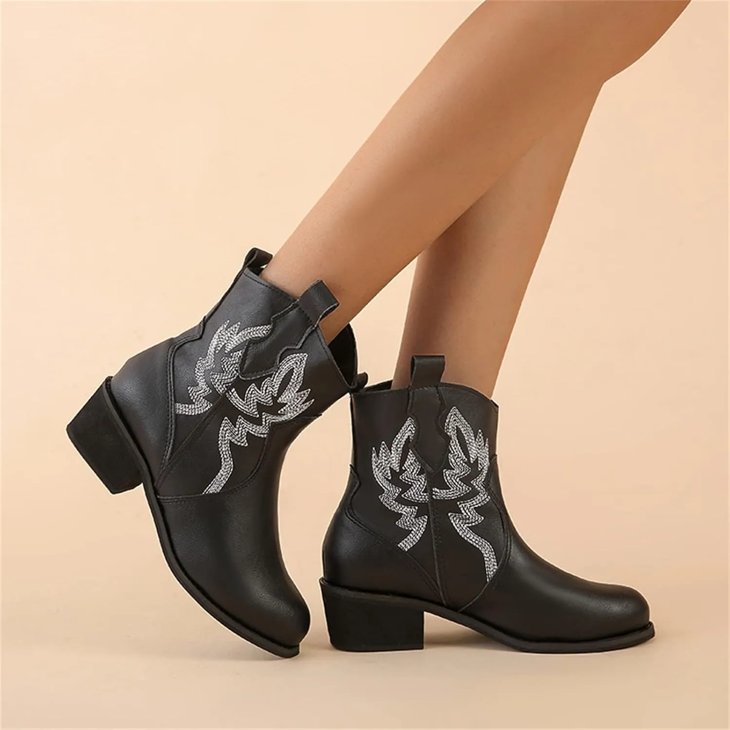Lausiuoe Boots For Women Cowboy Style Wide Calf Cowgirl Western Embroidery Low Heel Knee High Fashion Chunky Boots