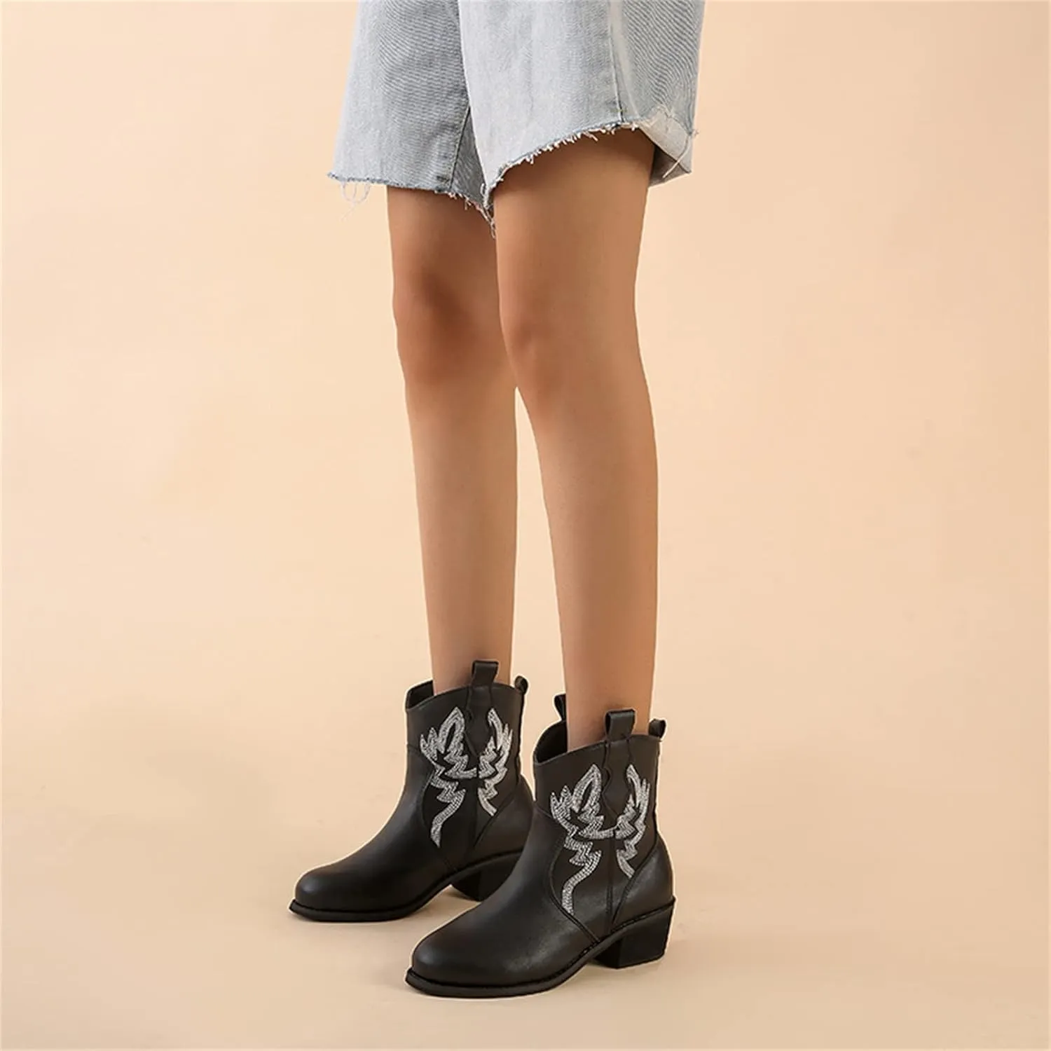 Lausiuoe Boots For Women Cowboy Style Wide Calf Cowgirl Western Embroidery Low Heel Knee High Fashion Chunky Boots