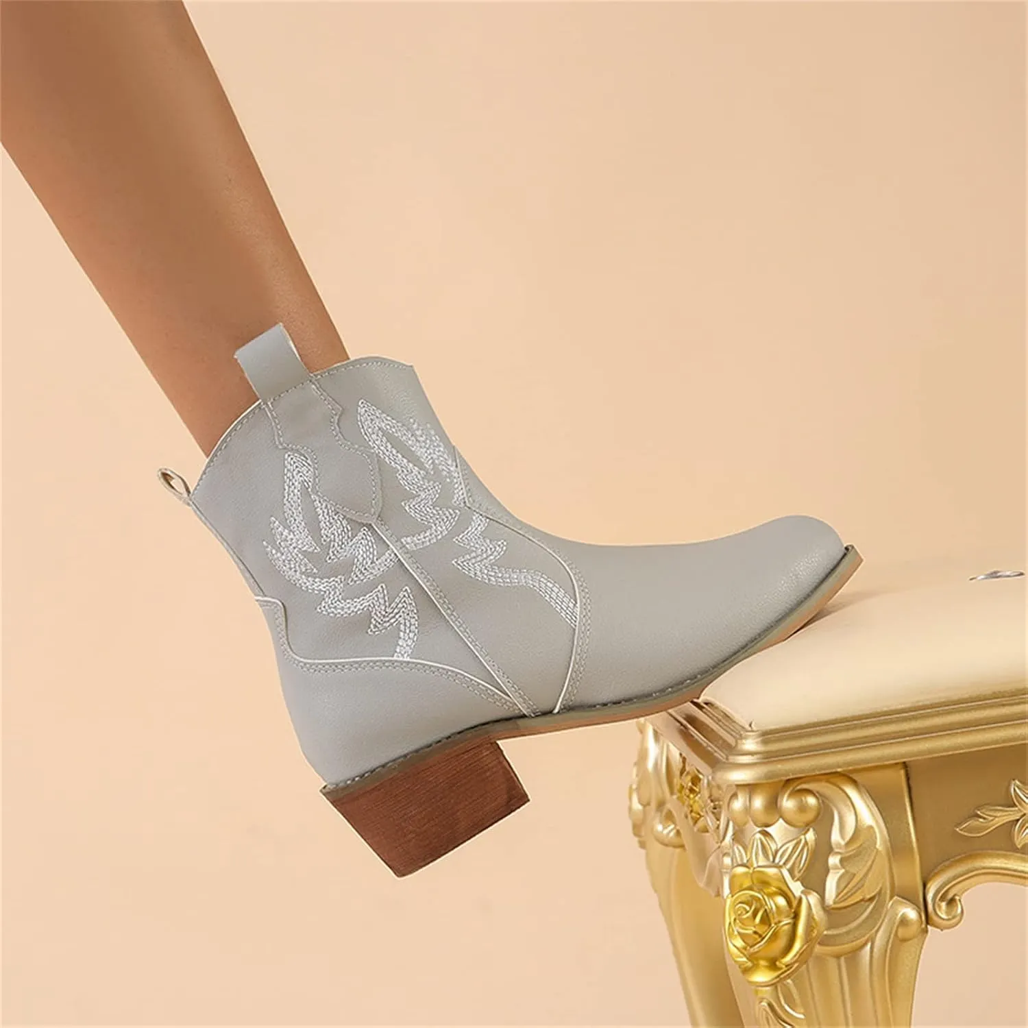 Lausiuoe Boots For Women Cowboy Style Wide Calf Cowgirl Western Embroidery Low Heel Knee High Fashion Chunky Boots