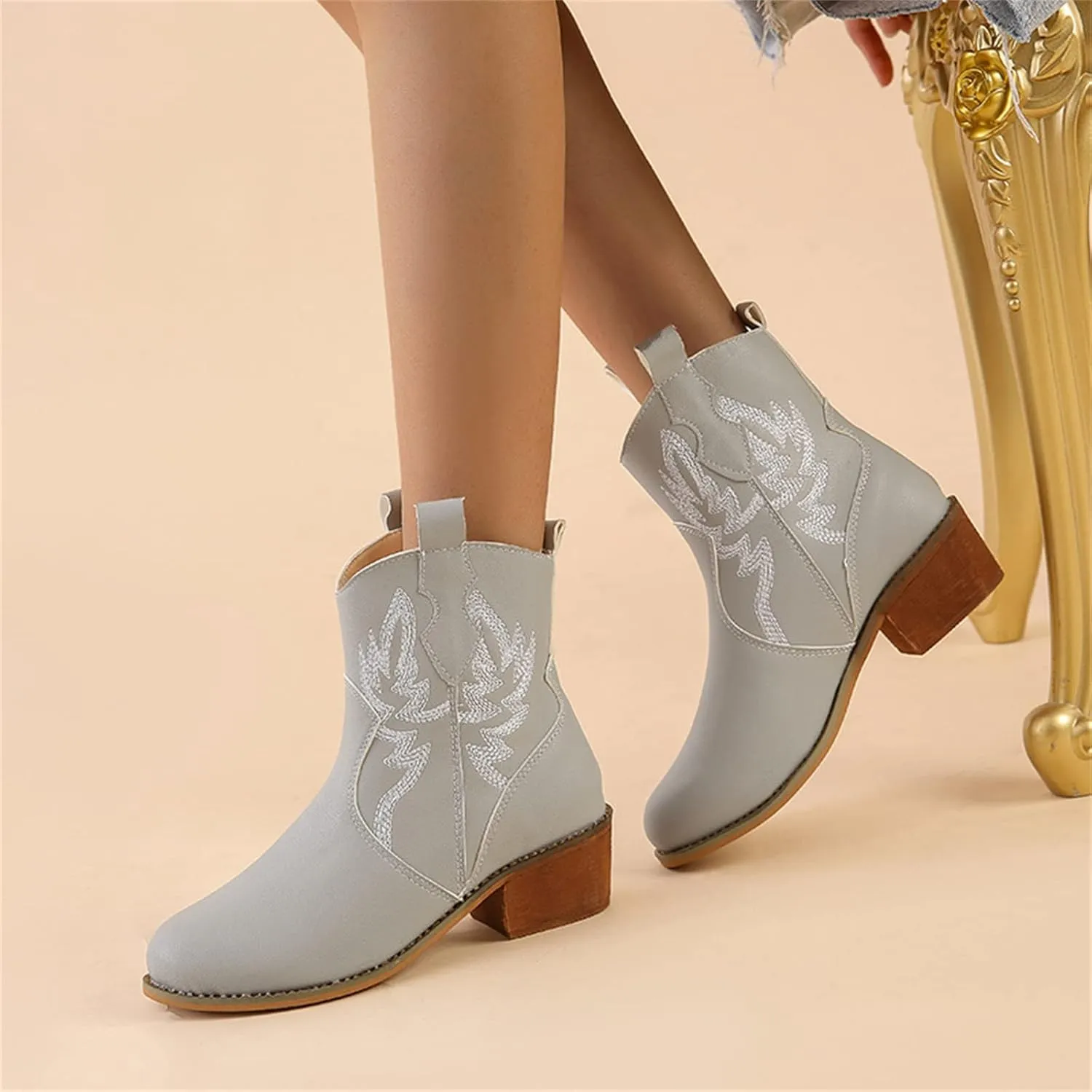 Lausiuoe Boots For Women Cowboy Style Wide Calf Cowgirl Western Embroidery Low Heel Knee High Fashion Chunky Boots