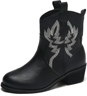 Lausiuoe Boots For Women Cowboy Style Wide Calf Cowgirl Western Embroidery Low Heel Knee High Fashion Chunky Boots