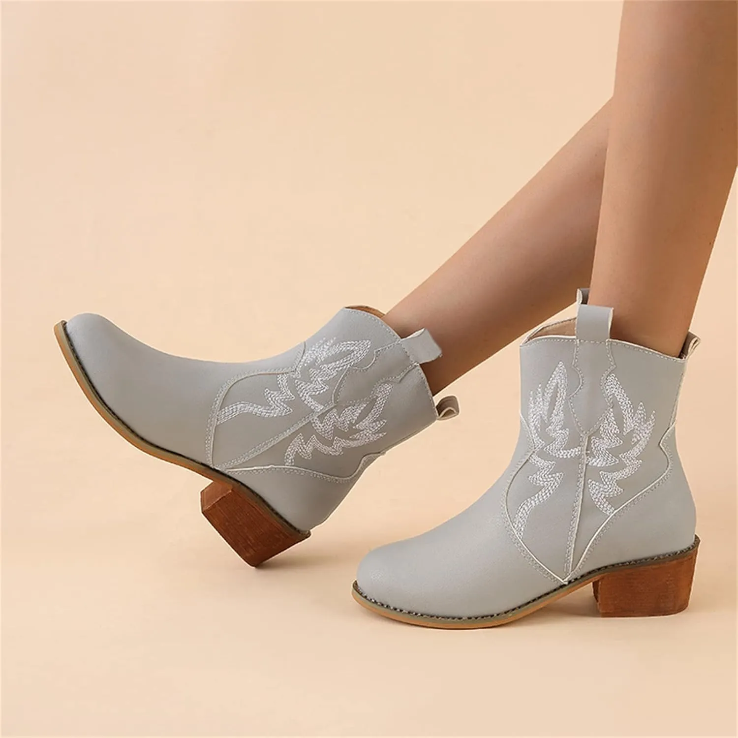 Lausiuoe Boots For Women Cowboy Style Wide Calf Cowgirl Western Embroidery Low Heel Knee High Fashion Chunky Boots