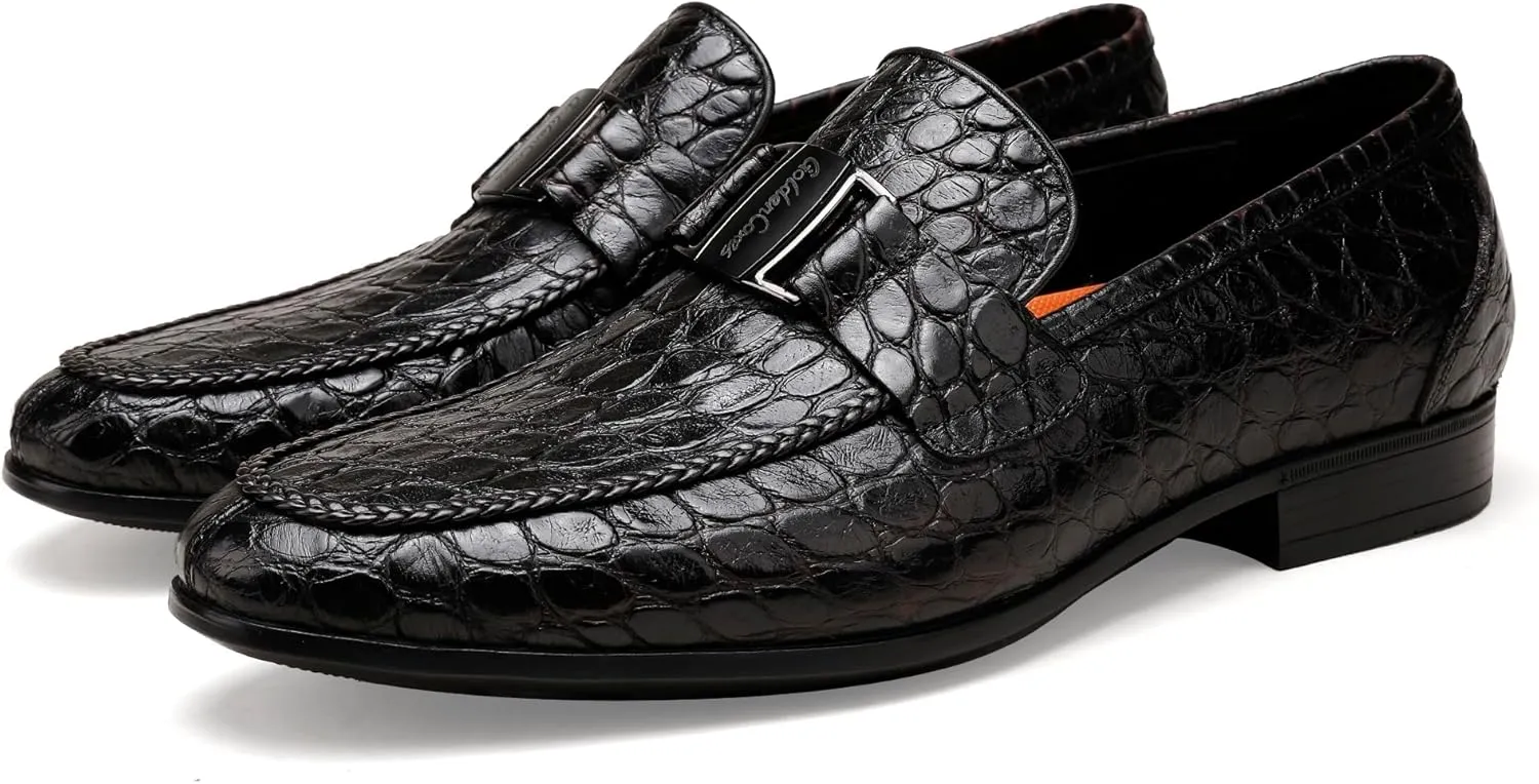 Leather Penny Loafers for Mens, Fashion Crocodile Printed Dress Shoes with Metal Buckle Business Weddings Shoes Slip On Party Loafers