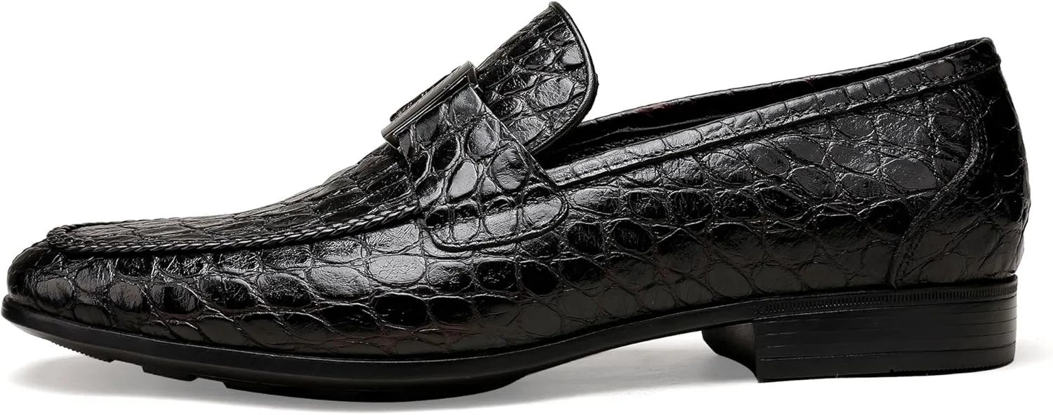 Leather Penny Loafers for Mens, Fashion Crocodile Printed Dress Shoes with Metal Buckle Business Weddings Shoes Slip On Party Loafers