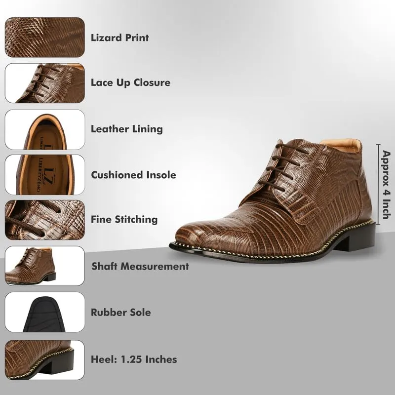 LIBERTYZENO Mens Lizard Print Genuine Leather Adults Ankle Boots Lace Up Dress Shoes for Prom Graduation