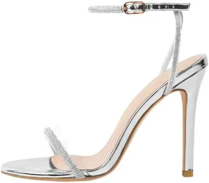 LISHAN Women's Ankle Buckle Slingback High Heels Sparkly Diamante PVC Single Band Sandals