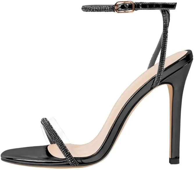 LISHAN Women's Ankle Buckle Slingback High Heels Sparkly Diamante PVC Single Band Sandals
