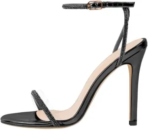 LISHAN Women's Ankle Buckle Slingback High Heels Sparkly Diamante PVC Single Band Sandals