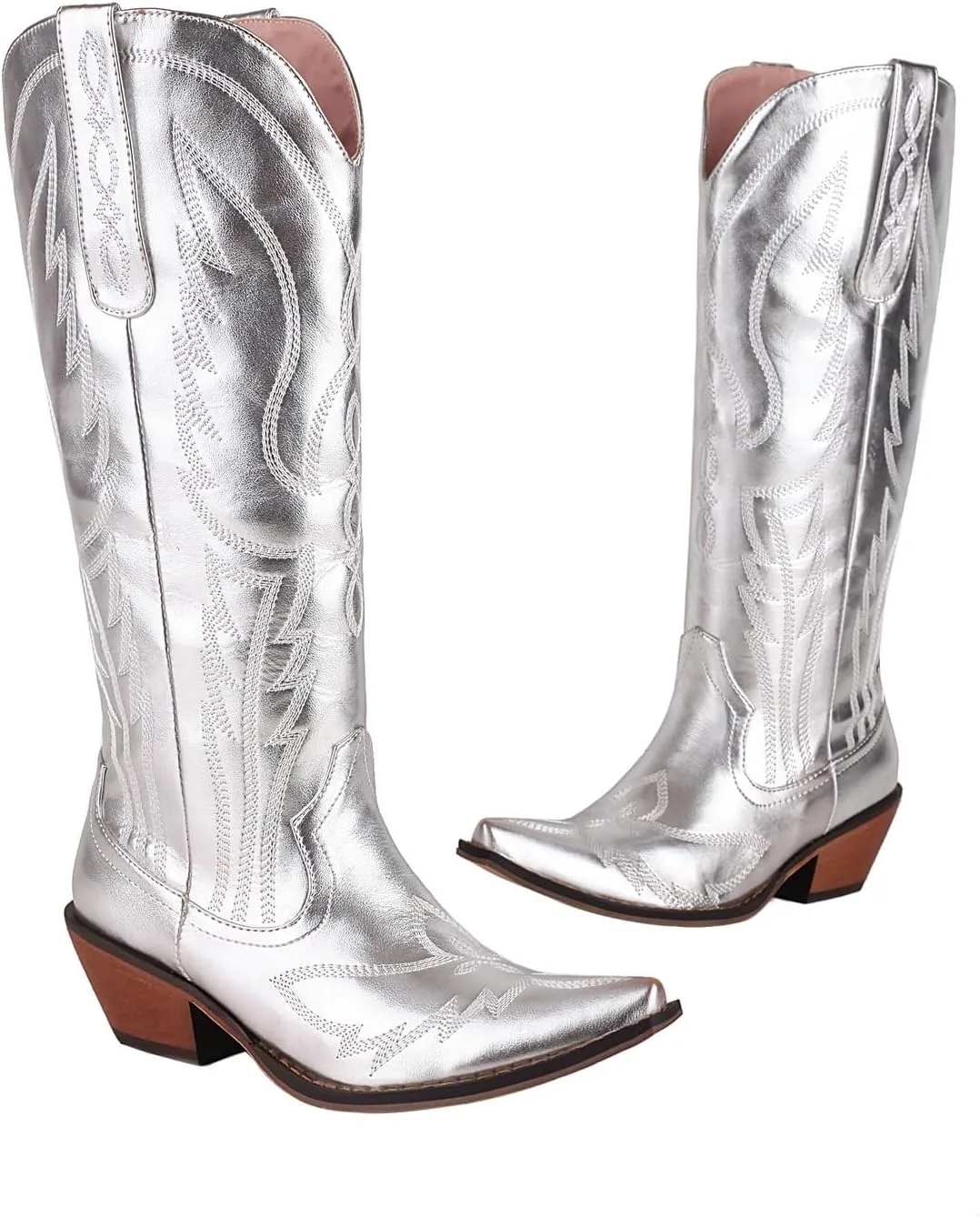 LISYIIZ Women's BS261 Solid Embroidered Closed Toe Pigskin Leather Low Block Mid Calf Boots