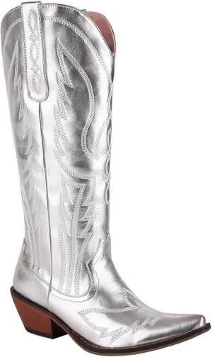 LISYIIZ Women's BS261 Solid Embroidered Closed Toe Pigskin Leather Low Block Mid Calf Boots