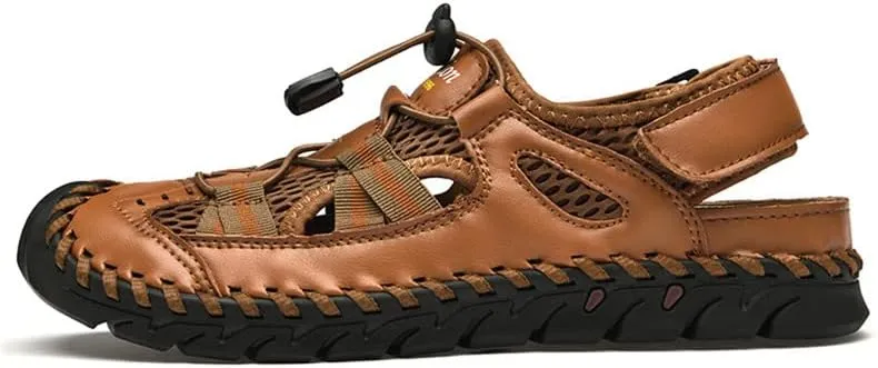 LLTMALL Men's Walking Sandals Closed Toe Breathable Sandals Leather Lace Adjustable Summer Water Sandals Shoes