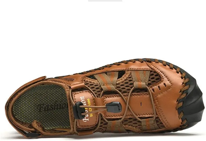 LLTMALL Men's Walking Sandals Closed Toe Breathable Sandals Leather Lace Adjustable Summer Water Sandals Shoes
