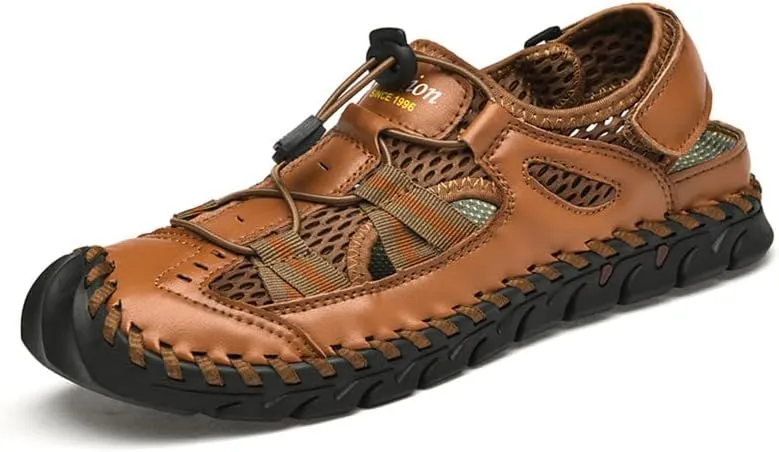 LLTMALL Men's Walking Sandals Closed Toe Breathable Sandals Leather Lace Adjustable Summer Water Sandals Shoes