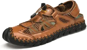 LLTMALL Men's Walking Sandals Closed Toe Breathable Sandals Leather Lace Adjustable Summer Water Sandals Shoes