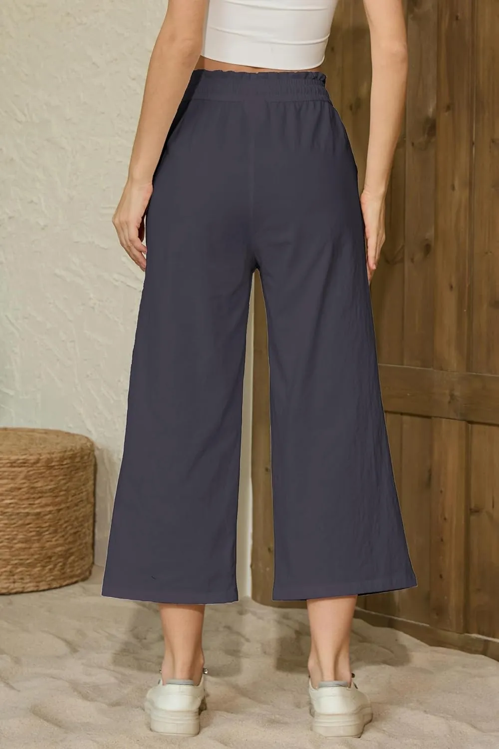 LNX Womens Linen Pants High Waisted Wide Leg Drawstring Casual Loose Trousers with Pockets