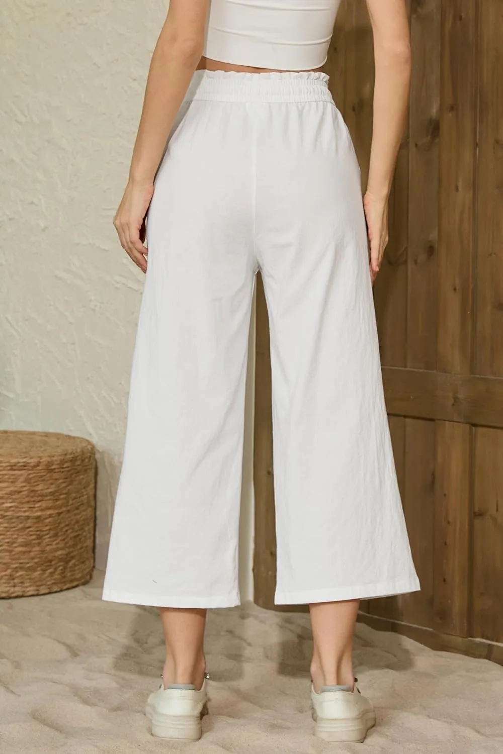 LNX Womens Linen Pants High Waisted Wide Leg Drawstring Casual Loose Trousers with Pockets