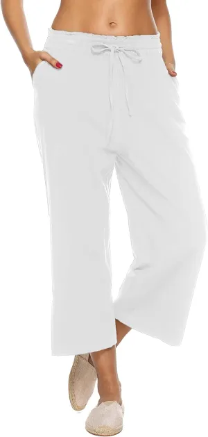 LNX Womens Linen Pants High Waisted Wide Leg Drawstring Casual Loose Trousers with Pockets