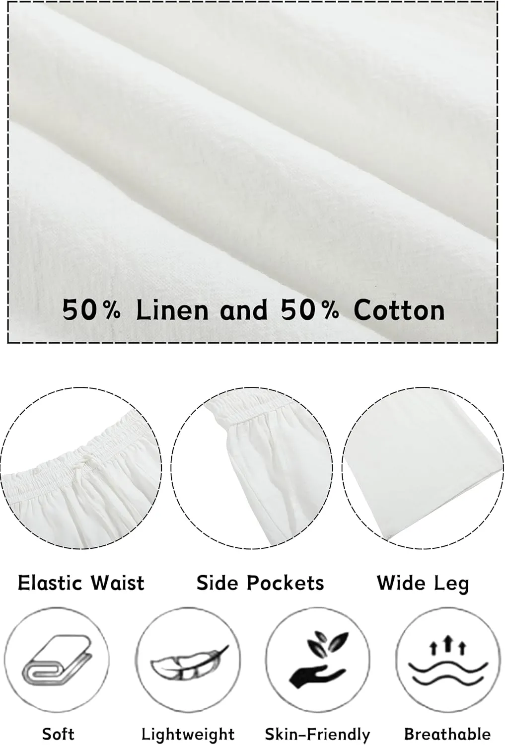 LNX Womens Linen Pants High Waisted Wide Leg Drawstring Casual Loose Trousers with Pockets